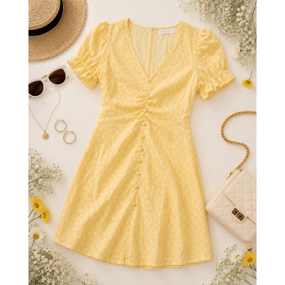 Mari the Label Yellow Polka Dot Puff Sleeve Mini Dress V-Neck Button Front M